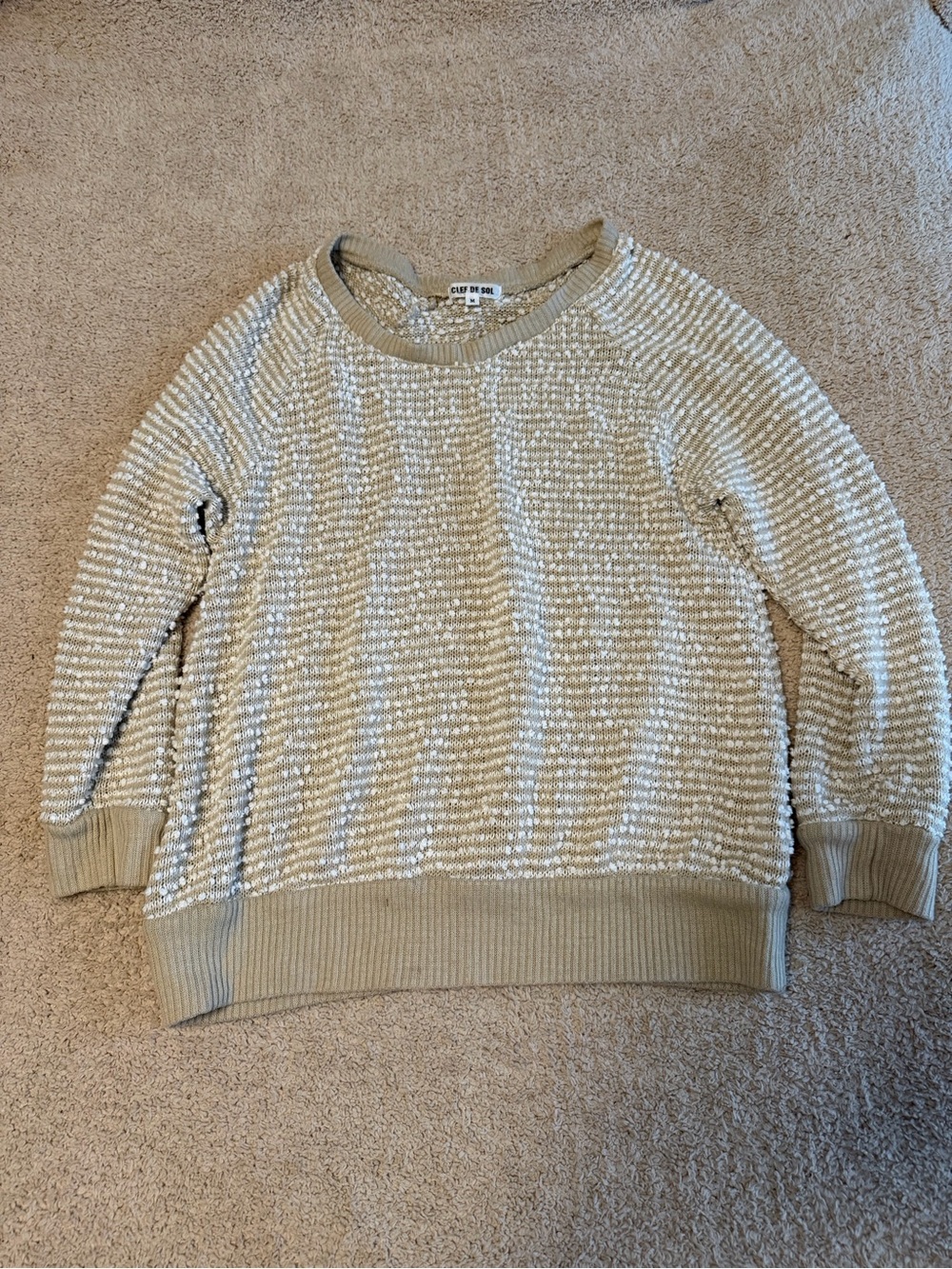CLEF DE SOL Textured Knit Crewneck Sweater Beige White Size M